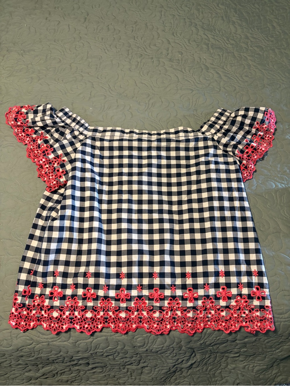 Draper James Navy and White Gingham Off-Shoulder Top with Pink Lace
